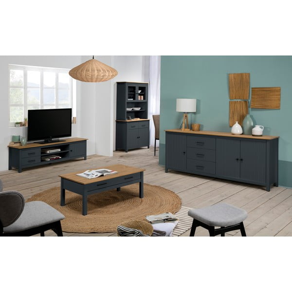 Ciemnoniebieska niska komoda z litego drewna sosnowego 190x80 cm Miranda – Marckeric-image-1