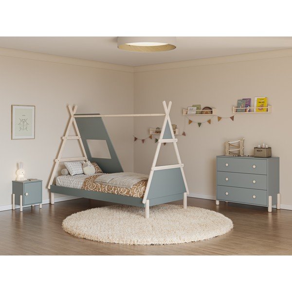 Szarozielone łóżko dziecięce z litego drewna sosnowego w kształcie domku ze stelażem 90x200 cm Enola – Marckeric-image-1