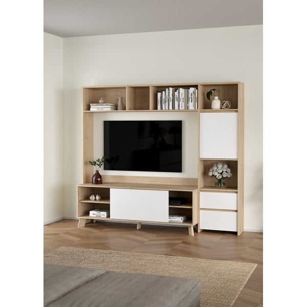 Biało-naturalny zestaw pod TV w dekorze dębu 209x183x48 cm Next – Tvilum-image-1
