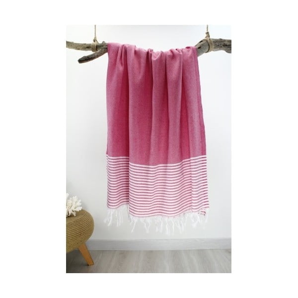 Różowy ręcznik z białymi pasami hammam Marine Style Fuchsia, 100x180 cm