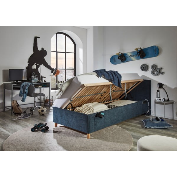 Ciemnoniebieskie tapicerowane łóżko dziecięce ze schowkiem ze stelażem 120x200 cm Fun – Meise Möbel-image-4