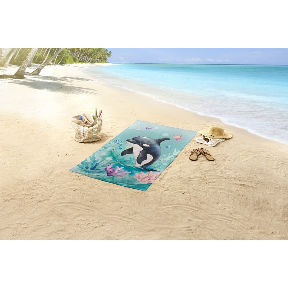 Niebieski aksamitny ręcznik plażowy dla dzieci 75x150 cm Splash – Good Morning (zdjęcie 3)