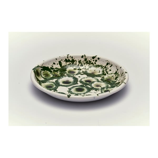 Zielono-biały talerz emaliowany Kapka Floral Madness, Ø 24,5 cm
