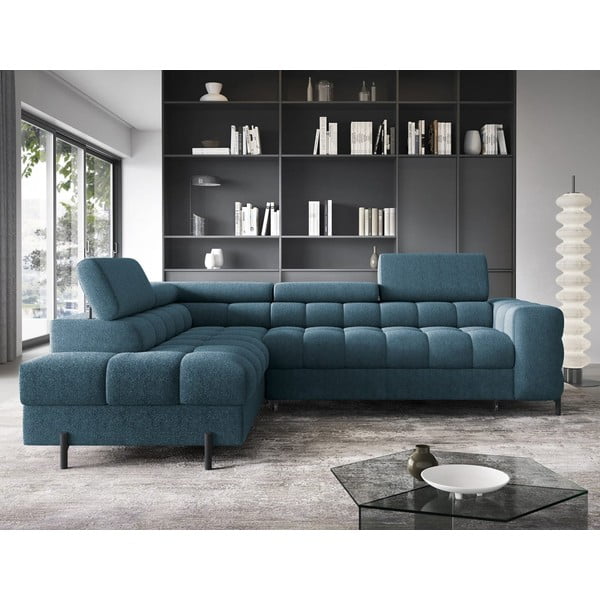 Niebieski rozkładany/ze schowkiem narożnik z materiału bouclé (lewostronny/w kształcie litery L) Ferucce – ELTAP-image-1