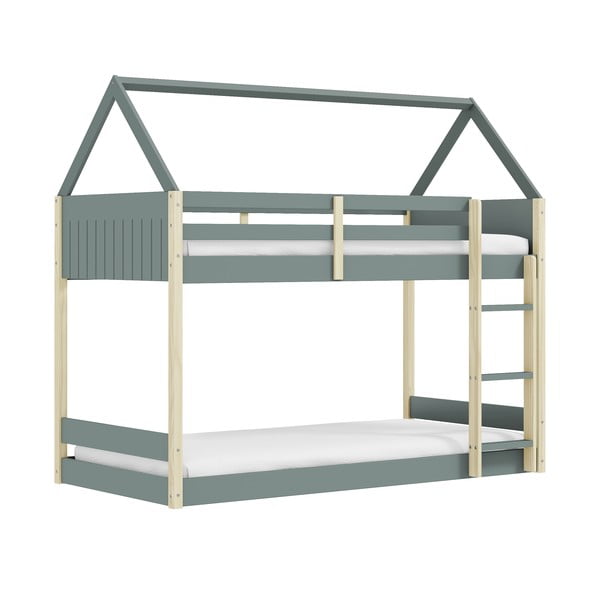 Łóżko dziecięce w kształcie domku/piętrowe ze stelażem 90x190 cm w naturalnym kolorze/szarozielone Valka – Marckeric-image-2