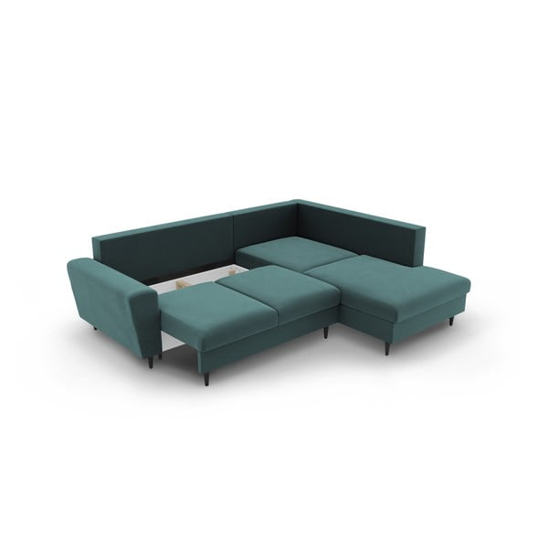 Morski aksamitny rozkładany narożnik ze schowkiem (prawostronny/w kształcie litery L) Kyoto – Cosmopolitan Design-image-3