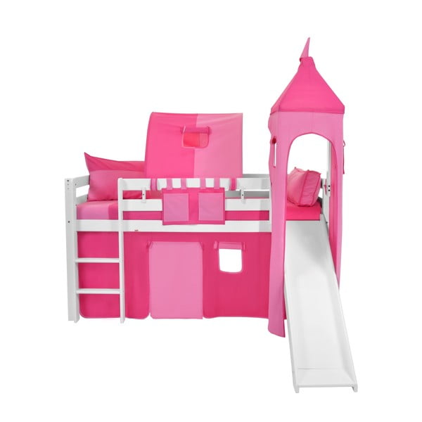 Białe dziecięce łóżko piętrowe ze zjeżdżalnią i różowym zamkiem z bawełny Mobi furniture Tom, 200x90 cm