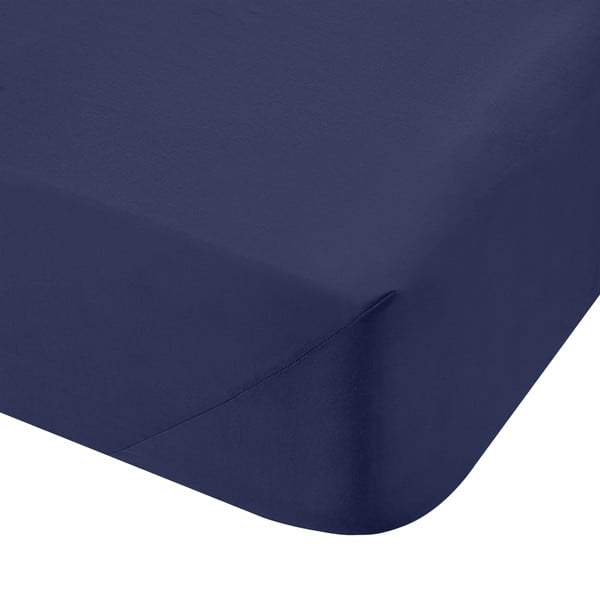Ciemnoniebieskie prześcieradło z perkalu bawełnianego z gumką 90x190 cm Cotton Percale – Bianca