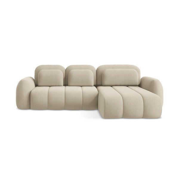 Jasnobrązowy rozkładany narożnik z materiału bouclé ze schowkiem (prawostronny/z szezlongiem) Pele – Makamii