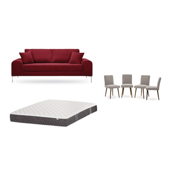 Zestaw 3-osobowej czerwonej sofy, 4 szarobrązowych krzeseł i materaca 160x200 cm Home Essentials
