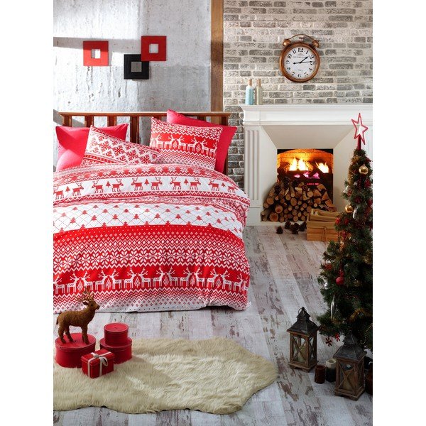 Pościel jednoosobowa z prześcieradłem z bawełny renforce Nazenin Home Winter Red, 140x200 cm