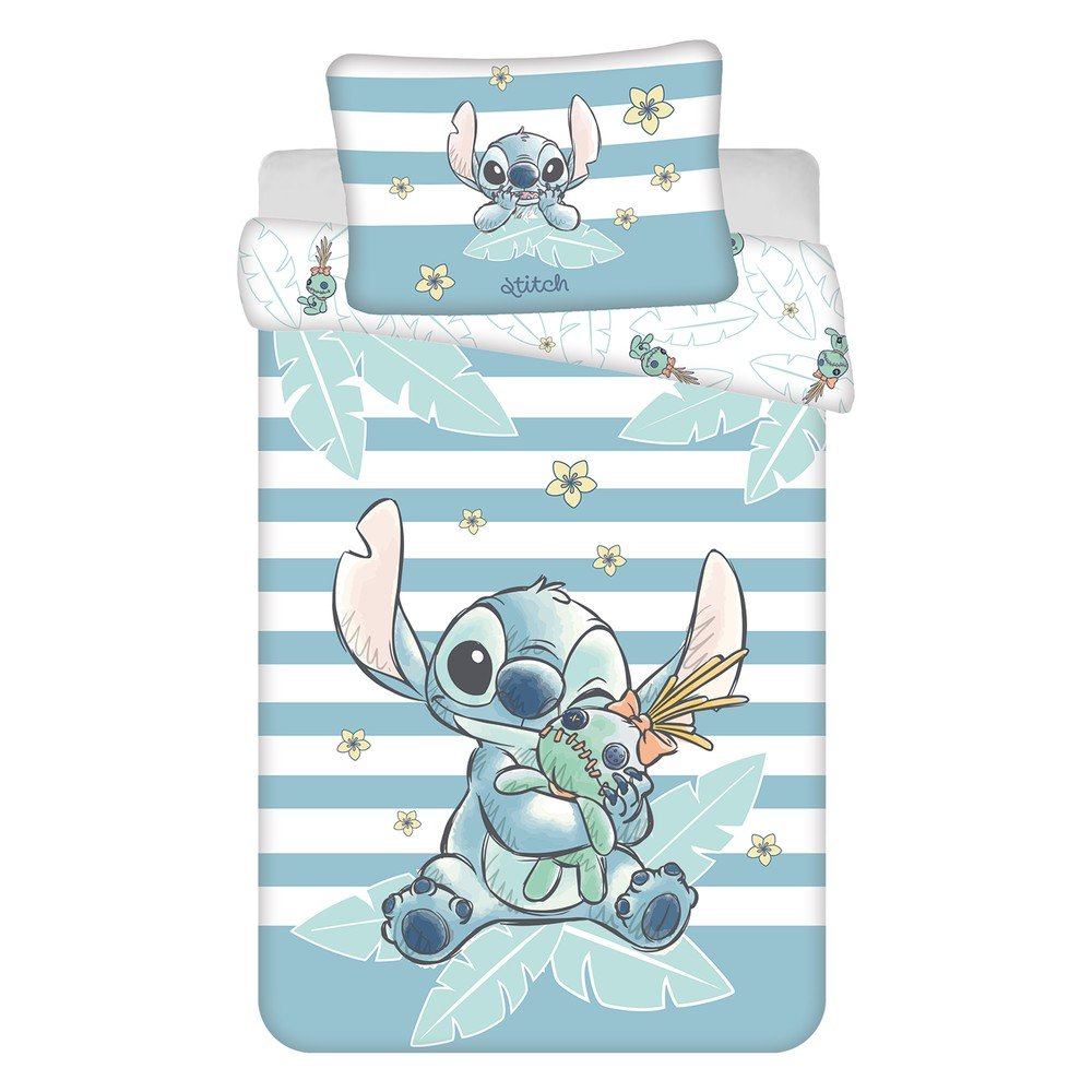 Jasnoniebieska bawełniana pościel dziecięca do łóżeczka 100x135 cm Lilo & Stitch "Tropical Hugs" – Jerry Fabrics