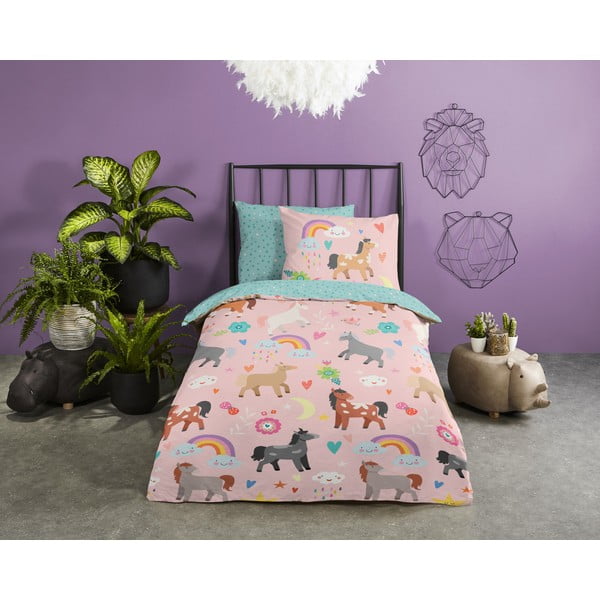 Różowo-turkusowa bawełniana pościel dziecięca jednoosobowa 140x220 cm Horses – Good Morning-image-1