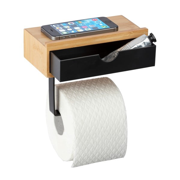 Czarny uchwyt na papier toaletowy z detalem bambusowym Wenko-image-2