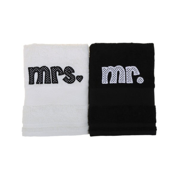 Zestaw 2 czarno-białych ręczników Mr. and Mrs., 100x50 cm