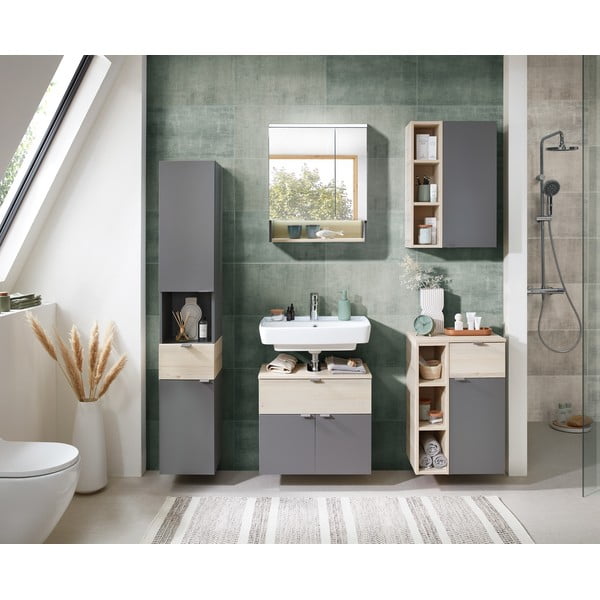 Szaro-naturalna wisząca szafka łazienkowa w dekorze sosny 70x45 cm Quickset 394 – Pelipal-image-1