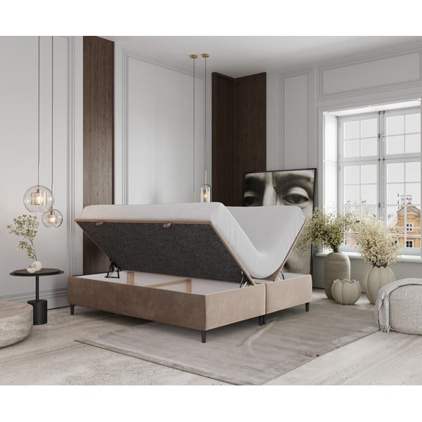 Beżowe tapicerowane łóżko dwuosobowe ze schowkiem 180x200 cm Tate – Maison de Rêve-image-2