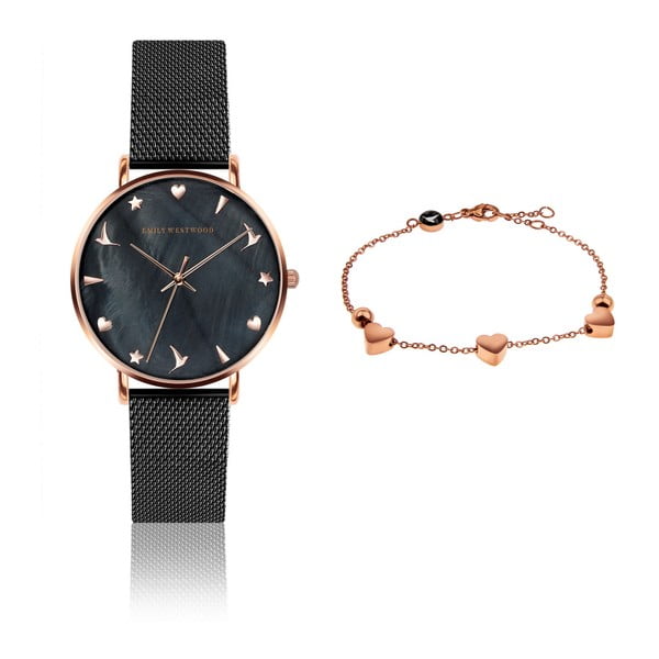 Zestaw damskiego zegarka z nierdzewnym paskiem w czarnym kolorze i bransoletki Emily Westwood Laro