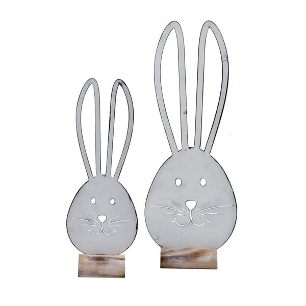 Mała biała dekoracja metalowa z motywem zająca na drewnianej podstawce Ego Dekor, 12x34 cm-image-1