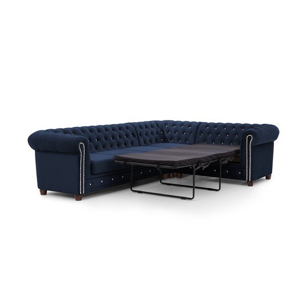 Niebieski aksamitny rozkładany narożnik (prawostronny/w kształcie litery L) York Blik – Ropez-image-2