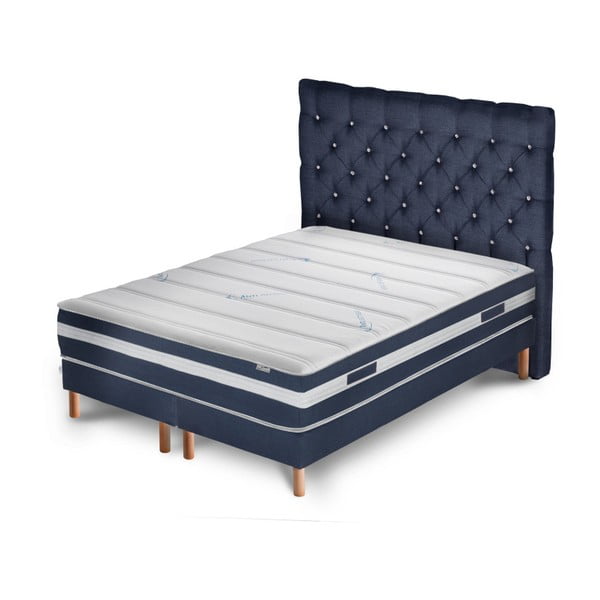 Granatowe łóżko z materacem i podwójnym boxspringiem Stella Cadente Maison Venus Forme 180x200 cm