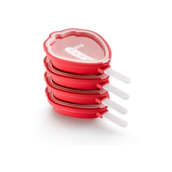 Zestaw 4 czerwonych foremek silikonowych do lodów w kształcie truskawki Lékué