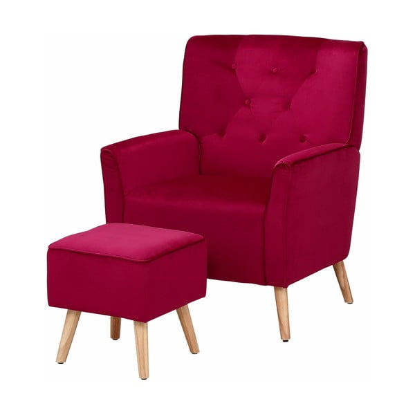 Czerwony aksamitny fotel z podnóżkiem Støraa Jessie