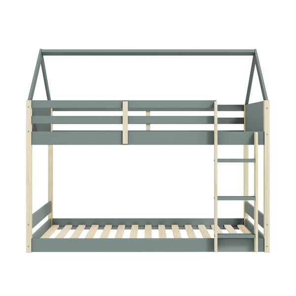 Łóżko dziecięce w kształcie domku/piętrowe ze stelażem 90x190 cm w naturalnym kolorze/szarozielone Valka – Marckeric-image-1
