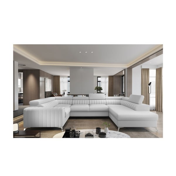 Biały rozkładany/ze schowkiem narożnik z imitacji skóry (prawostronny/w kształcie litery U) Louis – ELTAP-image-1