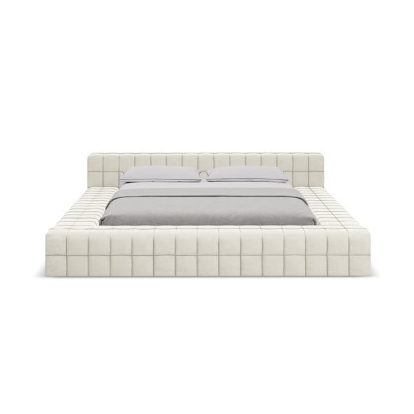 Kremowe tapicerowane łóżko dwuosobowe ze stelażem 140x200 cm Akela – Makamii-image-2