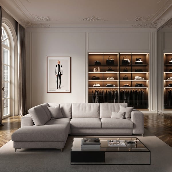 Jasnoszary rozkładany narożnik ze schowkiem z materiału bouclé (lewostronny/w kształcie litery L) Rene – Rodier-image-1