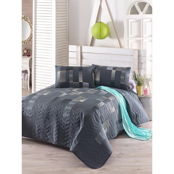 Zestaw pikowanej narzuty na łóżko i 2 poszewek na poduszki Eponj Home Trace Anthracite, 240x220 cm