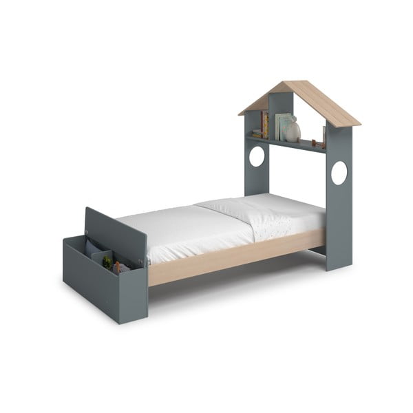 Łóżko dziecięce w dekorze sosny w kształcie domku ze schowkiem ze stelażem 90x190 cm w naturalnym kolorze/szarozielone Odessa – Marckeric-image-3