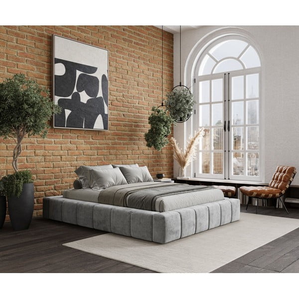 Jasnoszare tapicerowane łóżko dwuosobowe ze schowkiem i stelażem 200x200 cm Aruba L – Maison de Rêve-image-4