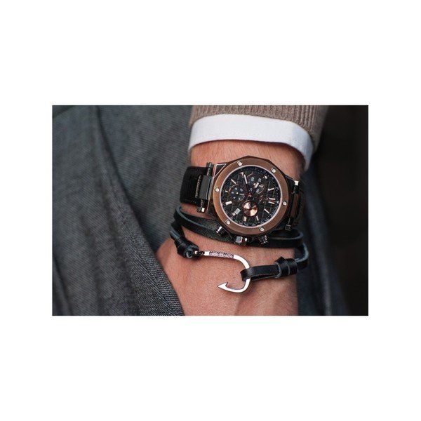 Męska czarna bransoleta z prawdziwej skóry z komponentem w srebrnym kolorze Monomen Hook-image-2