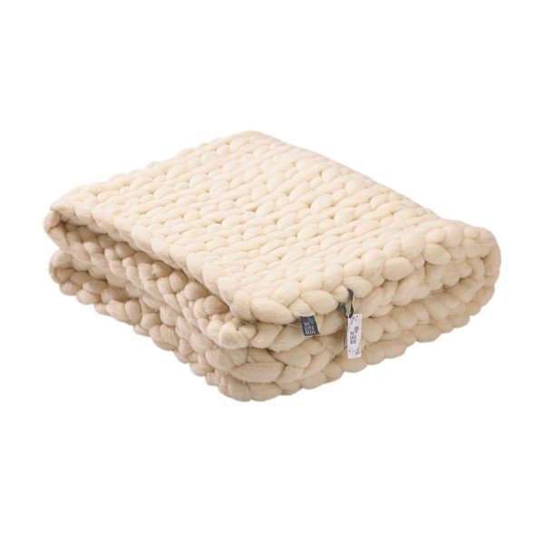 Beżowy ręcznie tkany koc z wełny merynosa WeLoveBeds, 180x140 cm