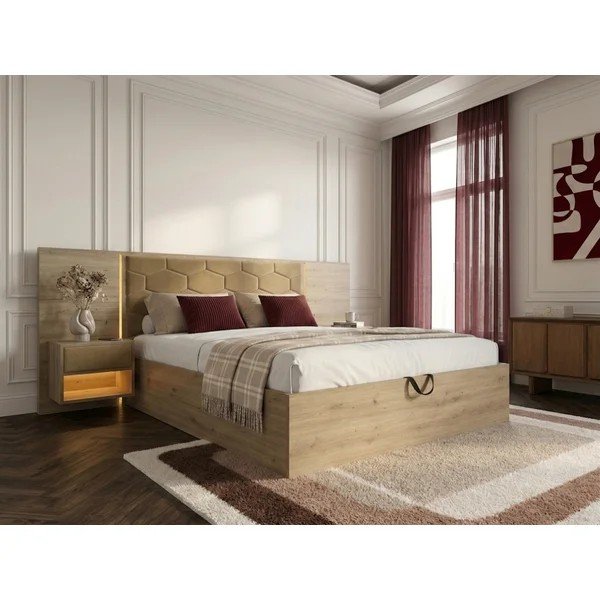 Zielone tapicerowane/z płyty wiórowej łóżko dwuosobowe ze schowkiem ze stelażem 180x200 cm Palmeraie – Bobochic Paris-image-3
