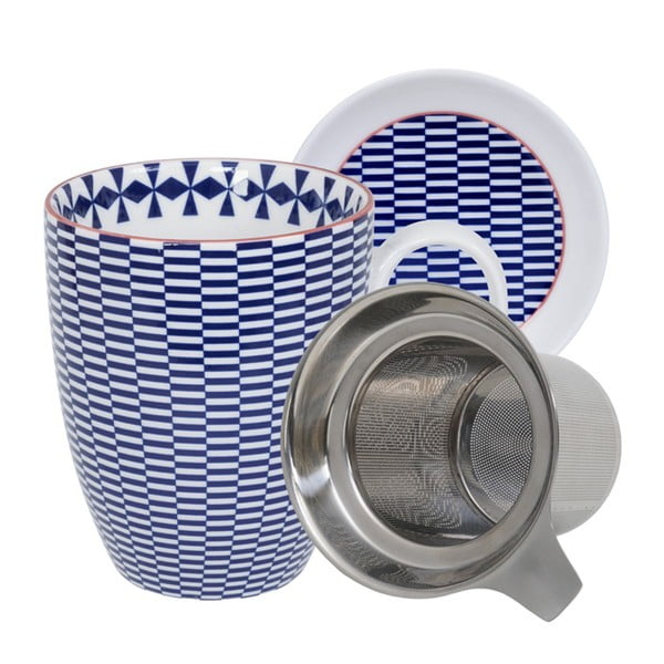 Granatowo-biały kubek ze spodkiem i zaparzaczem do herbatyTokyo Design Studio Geo Eclectic, 380 ml