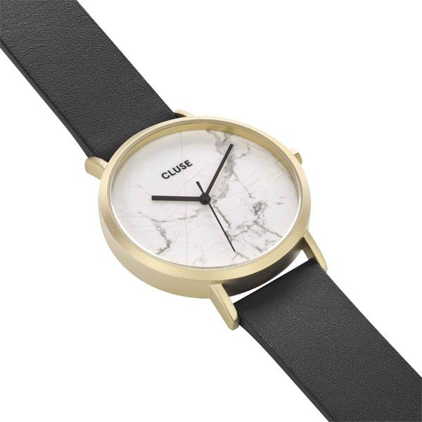 Zegarek damski z czarnym skórzanym paskiem i białym marmurowym cyferblatem Cluse La Roche Star-image-1