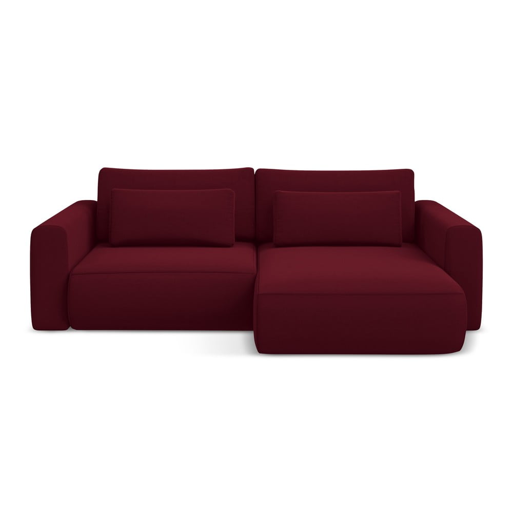 Bordowy aksamitny rozkładany/ze schowkiem narożnik (prawostronny/z szezlongiem) Kapua – Makamii