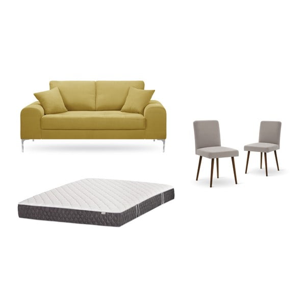 Zestaw 2-osobowej żółtej sofy, 2 szarobrązowych krzeseł i materaca 140x200 cm Home Essentials