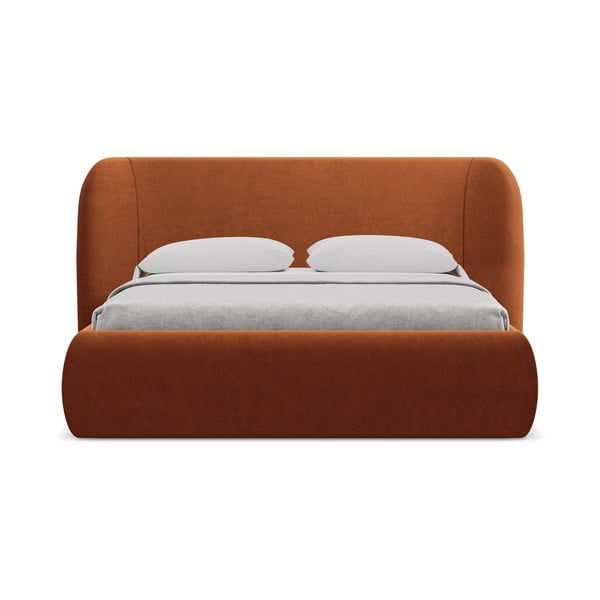 Tapicerowane łóżko dwuosobowe w kolorze terakoty ze schowkiem i stelażem 160x200 cm Hauke – Makamii-image-3