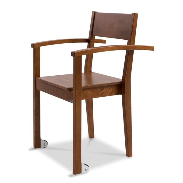Ciemnobrązowe krzesło wykonane ręcznie z litego drewna brzozowego z podłokietnikami i na kółkach Kiteen Joki