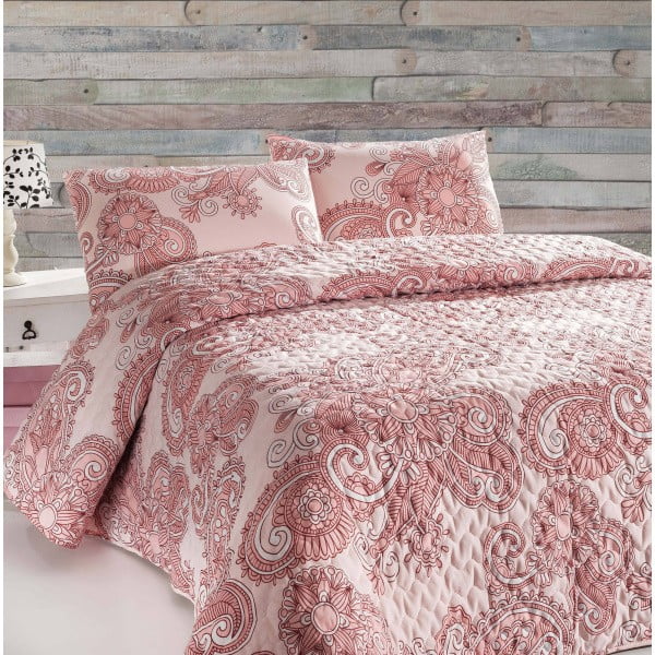 Pikowana narzuta i poszewki na poduszki Onecolor Pink, 200x220 cm