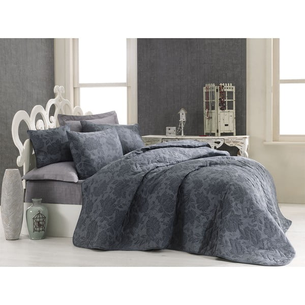 Zestaw narzuty na łóżko i poszewki na poduszkę z domieszką bawełny Eponj Home Jamie Anthracite, 160x220 cm