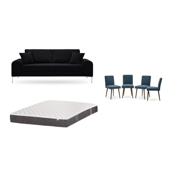 Zestaw 3-osobowej czarnej sofy, 4 niebieskich krzeseł i materaca 160x200 cm Home Essentials
