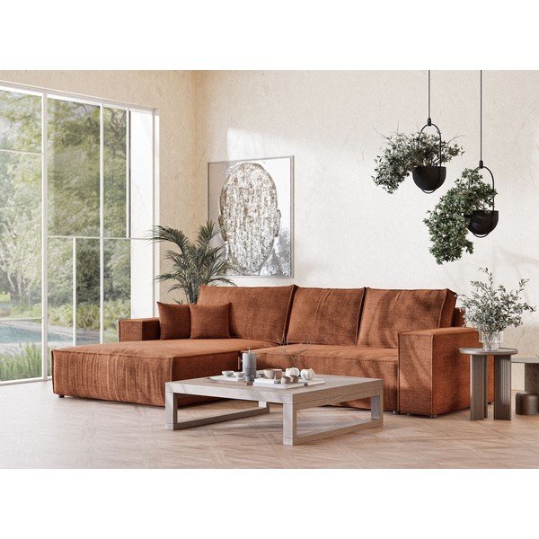 Rozkładany/ze schowkiem narożnik z tkaniny szenilowej (lewostronny/z szezlongiem) w kolorze miedzi Maze – Maison de Rêve-image-1