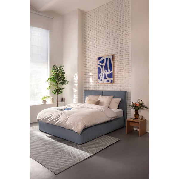 Niebieskie tapicerowane łóżko dwuosobowe ze schowkiem z materacem i stelażem 160x200 cm Thessa Bold – Bonami Selection-image-1