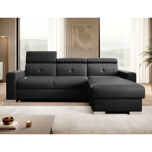 Czarny rozkładany/ze schowkiem narożnik (prawostronny/z szezlongiem) Fresia – ELTAP-image-1