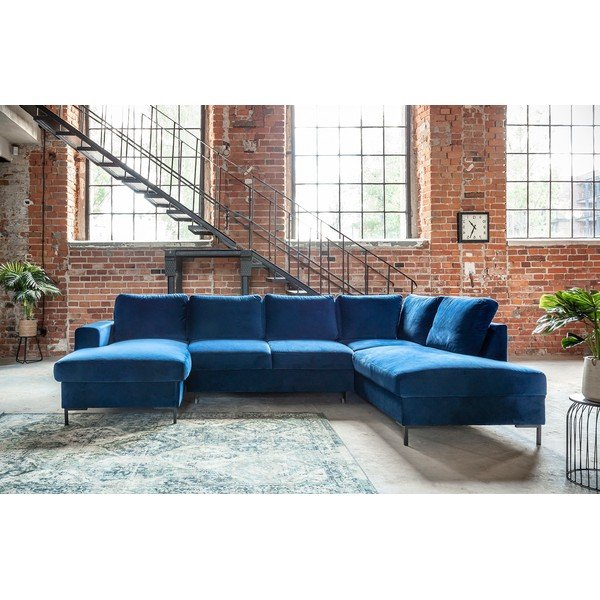 Granatowa aksamitna rozkładana sofa w kształcie litery "U" Miuform Lofty Lilly, prawostronna-image-4